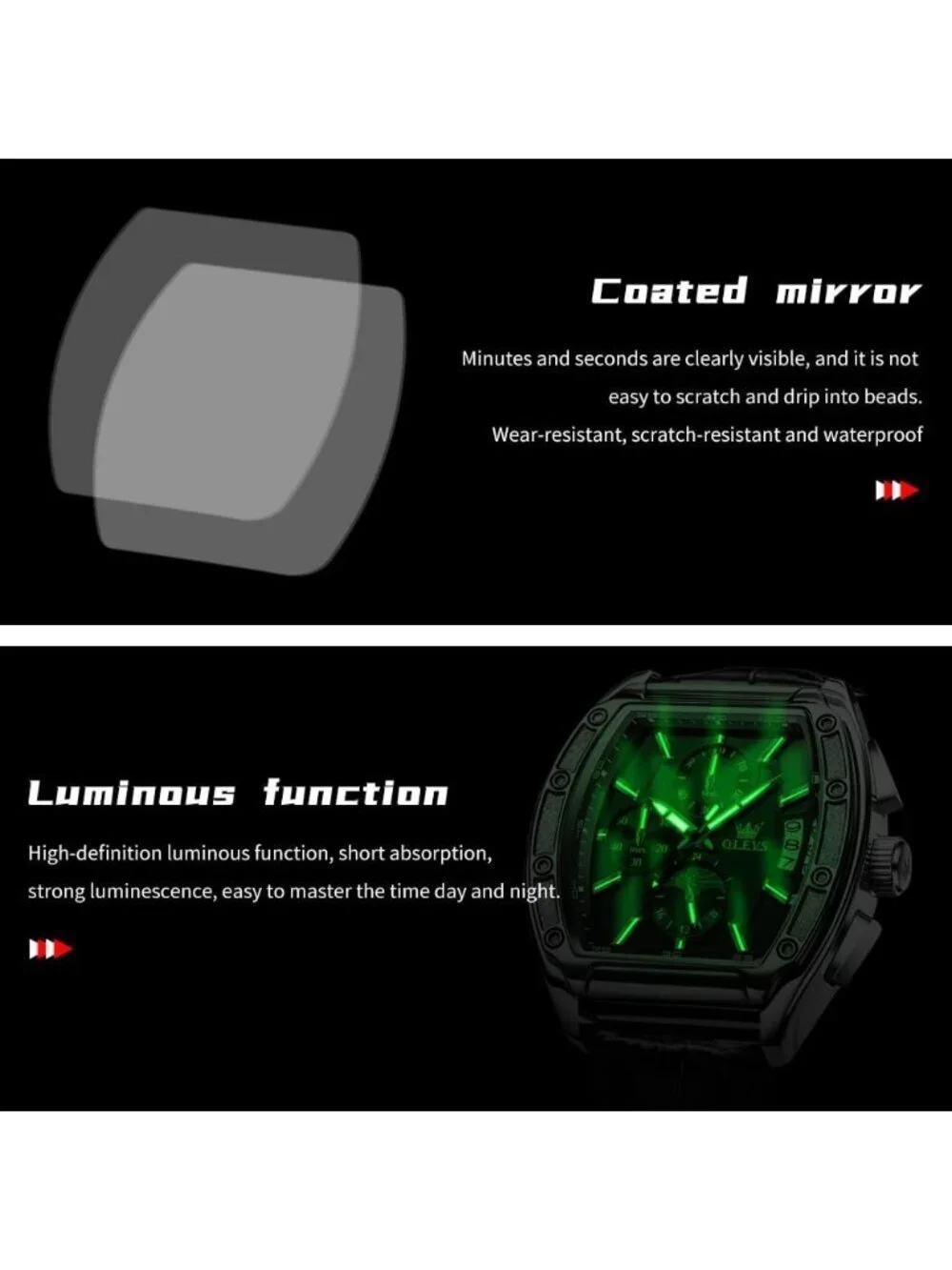 Men's Silver Chronograph Rectangle Stainless Steel Luminous Quartz Classic Watch